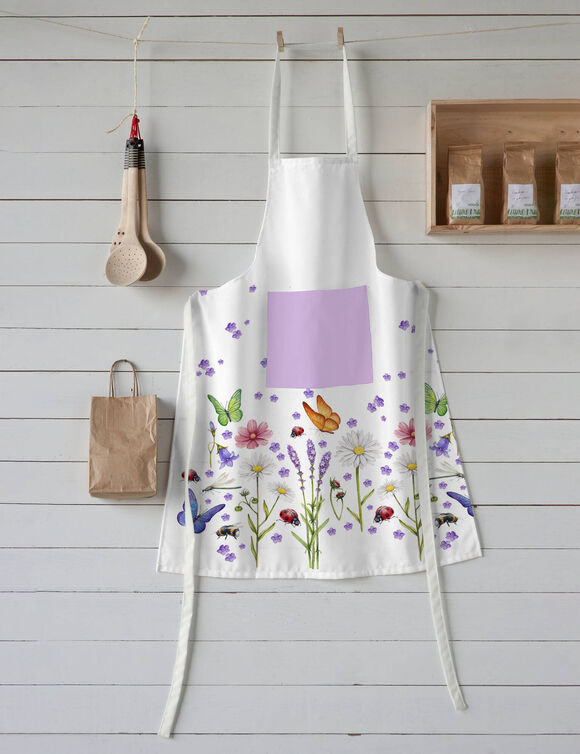 Tablier bavette anti-taches imprim&eacute; lavande et papillons (blanc / multicolore)