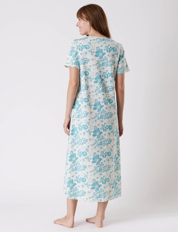 Chemise de nuit longue imprimée fleurie, manches courtes (turquoise)