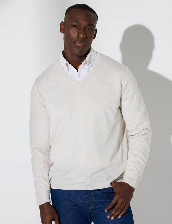 Pull uni col V (gris clair chiné)