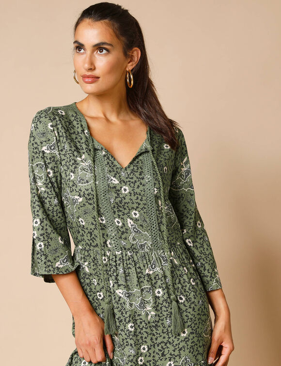 Robe longue imprimée, manches 3/4, détails macramé (kaki)