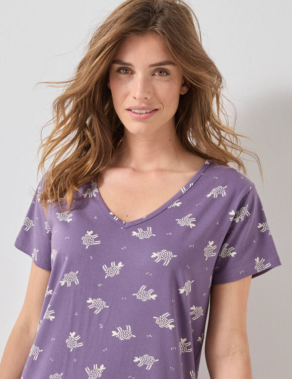 Chemise de nuit longue manches courtes  imprimée "moutons" (violet grisé)