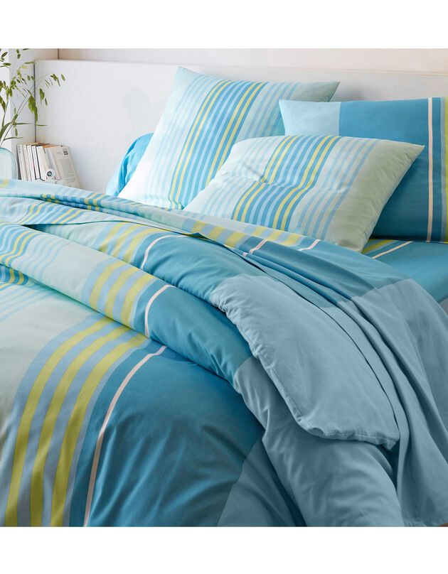 Linge de lit Détroit en coton imprimé rayures, turquoise, hi-res