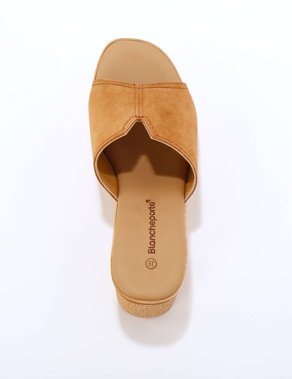 Mules compens&eacute;es style sabot cro&ucirc;te de cuir (caramel)