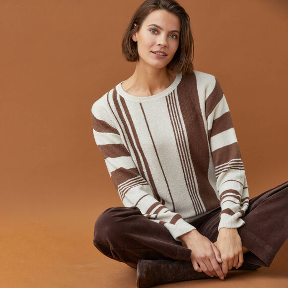 Trui in blousonstijl met verticale strepen, losse pasvorm (beige / chocolade)