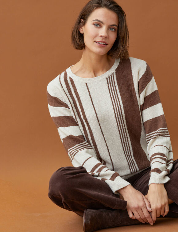 Pull blousant &agrave; rayures verticales, volume loose (beige / chocolat)