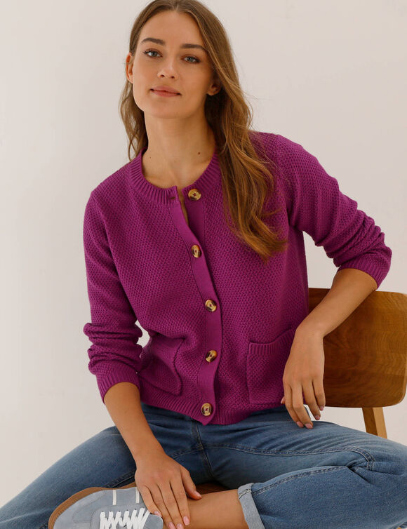 Gilet paletot maille fantaisie, boutons effet corne (violet)