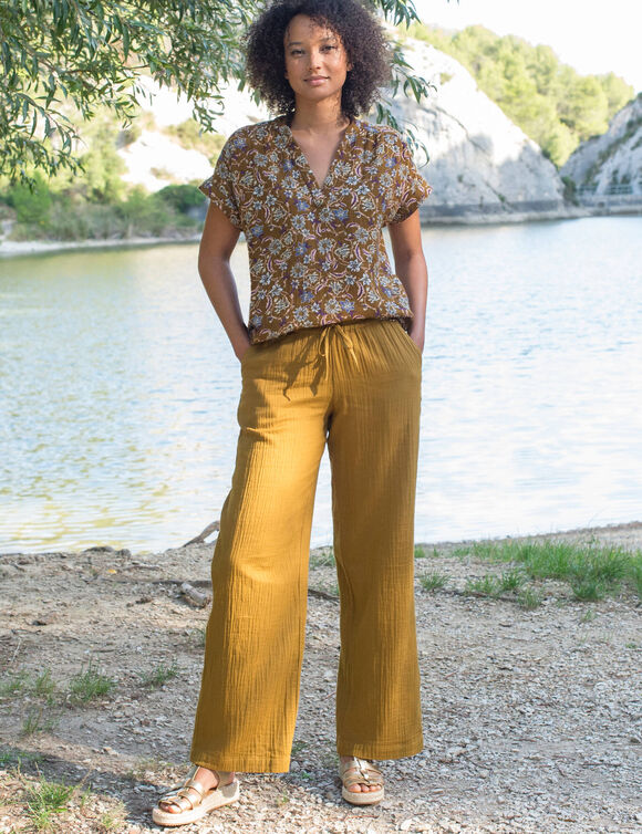 Blouse col tunisien imprim&eacute;e en double gaze de coton (bronze)