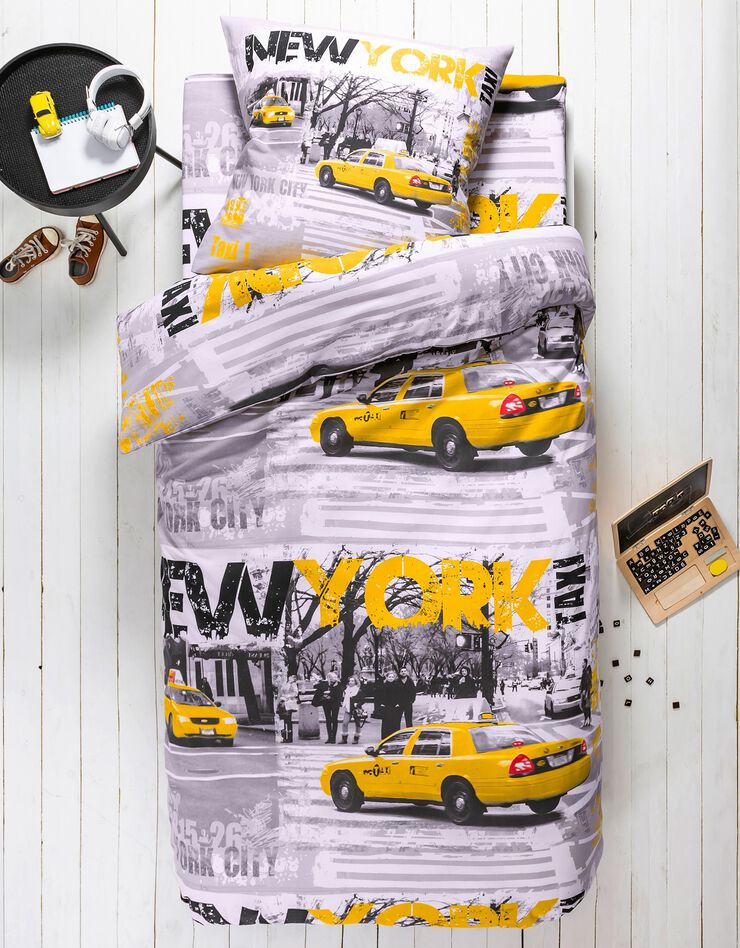 Bedlinnen voor kinderen Drive - polykatoen met print van New York taxi's (grijs)