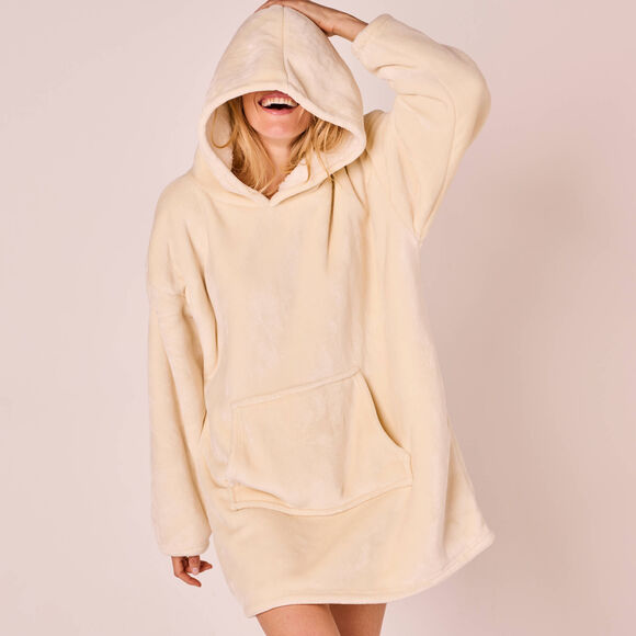 Plaid-sweat polaire à capuche doublé sherpa (ecru)