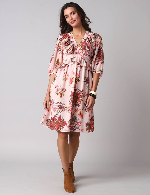 Robe courte volant&eacute;e &agrave; manches 3/4 ballon, voile imprim&eacute; fleuri (&eacute;cru / corail)