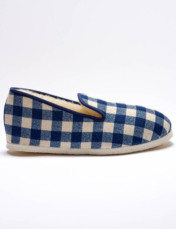 Charentaises silencieuses carreaux fourr&eacute;es laine (bleu marine)
