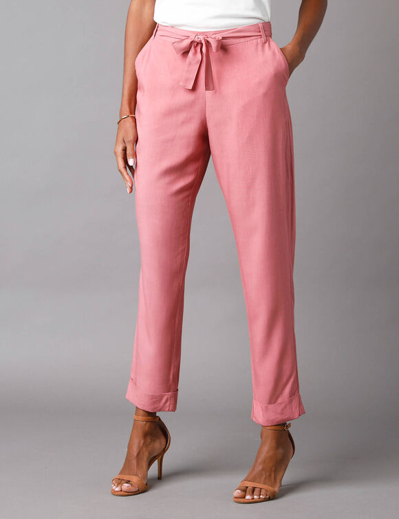 Pantalon 7/8ème fuselé uni, tissu fluide (bois de rose)