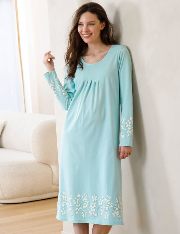 Chemise de nuit imprim&eacute;e fleurie manches longues (aqua)