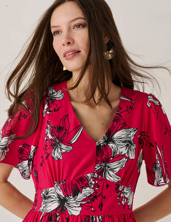 Robe longue imprim&eacute;e, manches &eacute;vas&eacute;es  (framboise)