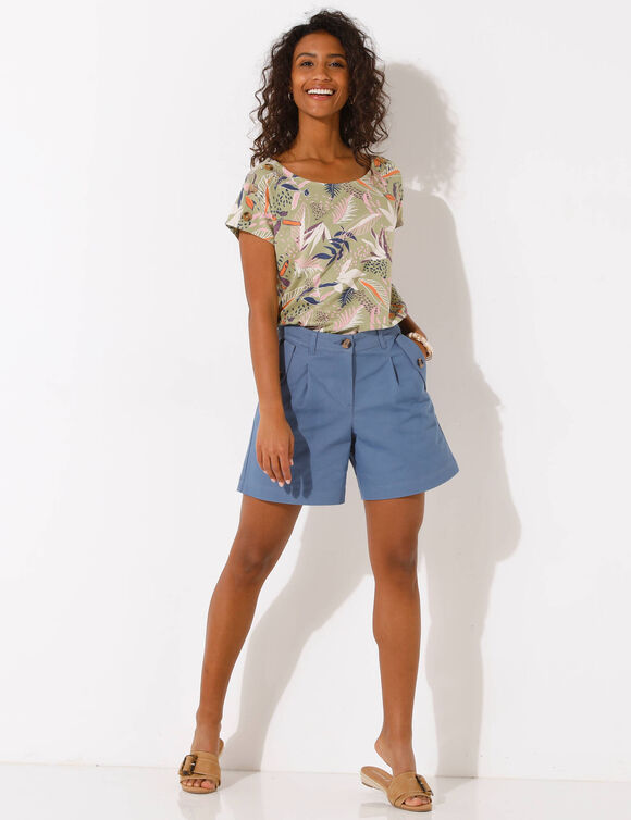 T-shirt col rond imprimé tropical (kaki / rose)