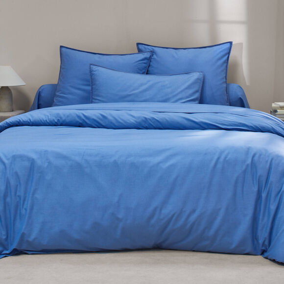 Linge de lit uni coton lavé (bleu)
