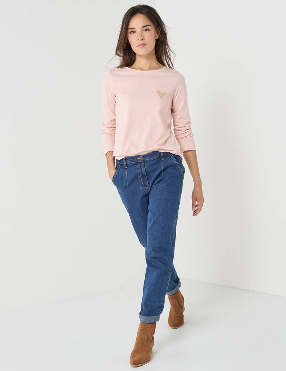 T-shirt marinière manches longues, brodé "cœur" uni ou imprimé léopard (rose pâle)