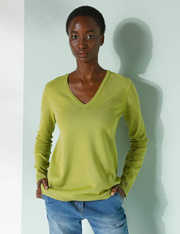 Pull col V, toucher doux (vert mousse)