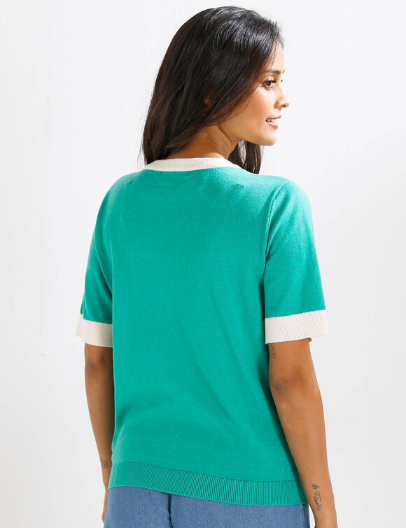 Pull bicolore col rond, manches courtes (groen / ecru)