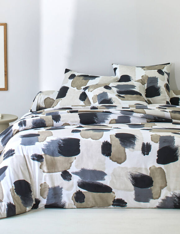 Linge de lit Ernest en coton imprim&eacute; (beige / noir)