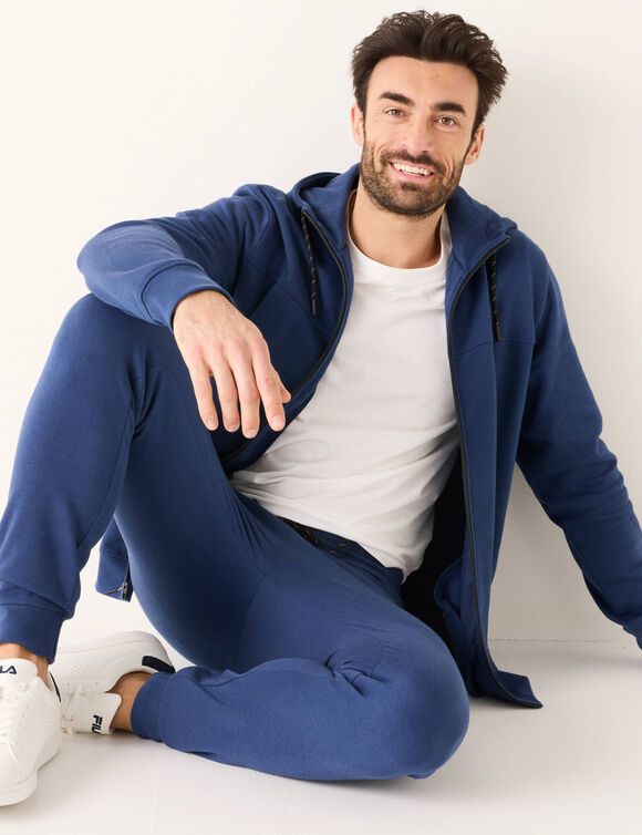 Sweat zippé à capuche molleton gratté détails contrastés (bleu denim)