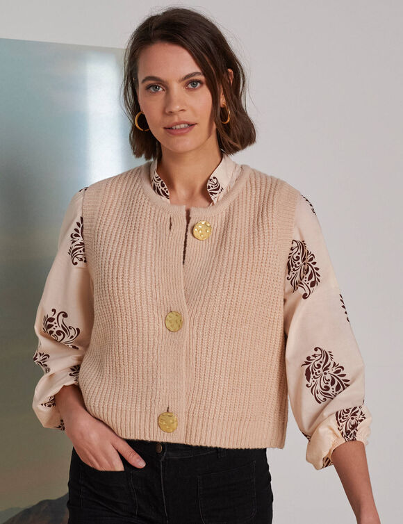 Mouwloos vest met zachte touch, goudkleurige knopen (beige)
