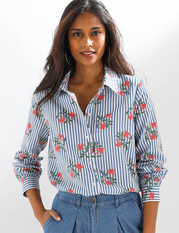 Chemise imprim&eacute; ray&eacute; et oiseaux  (&eacute;cru / bleu)
