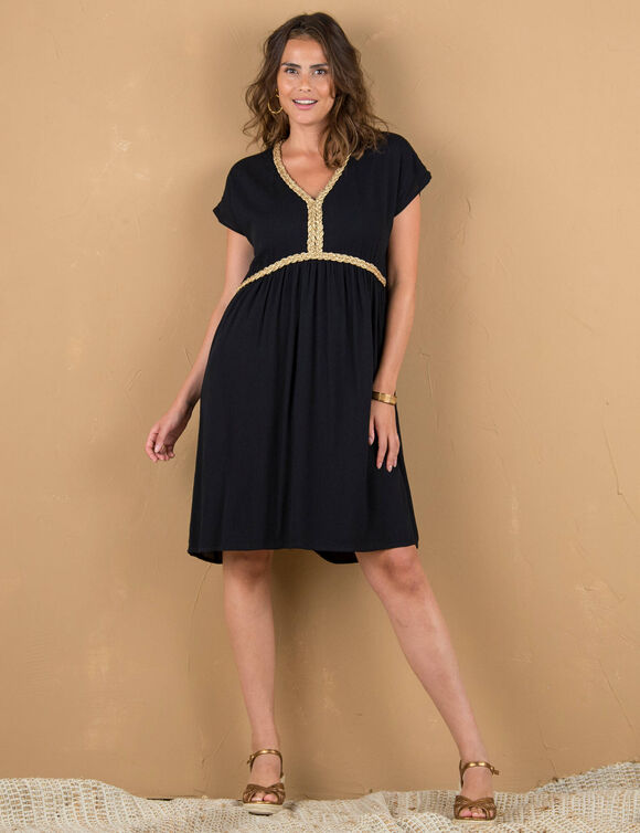 Robe courte col V, détails tressés dorés, crépon (noir)