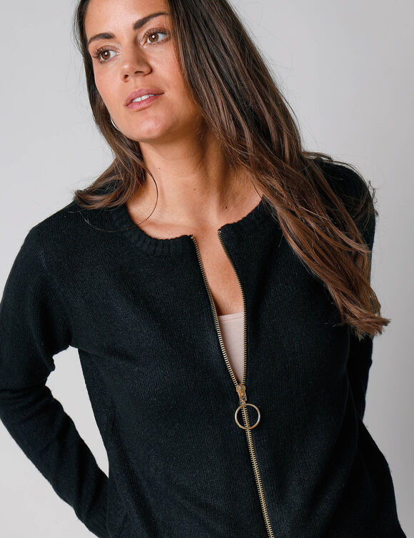 Cardigan zippé, maille moelleuse (noir)