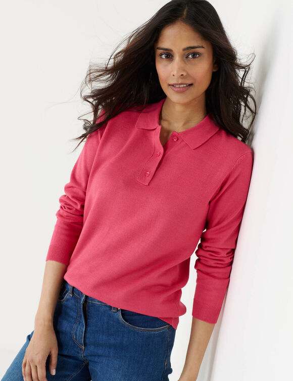 Pull col polo boutonn&eacute;, toucher doux (rose fuchsia)