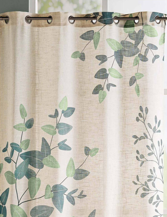 Gordijn met oogringen, bladerenprint (naturel / groen)