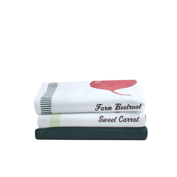 Torchons l&eacute;gumes + uni coton - lot de 3 (vert / orange)