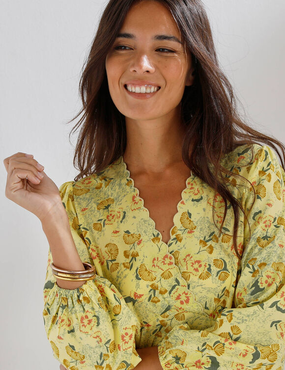 Robe imprim&eacute;e, d&eacute;collet&eacute; cache-c&oelig;ur (jaune)