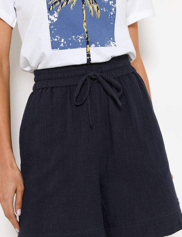 Short large taille haute, gaze de coton (marine)