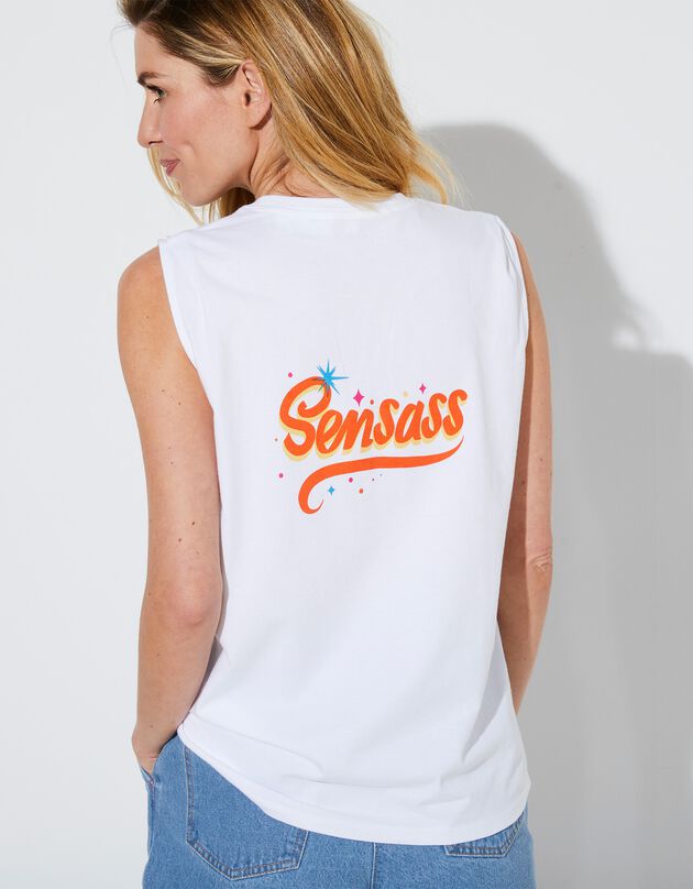Mouwloos, bedrukt T-shirt voor dames, collectie Lulu la Nantaise (wit)