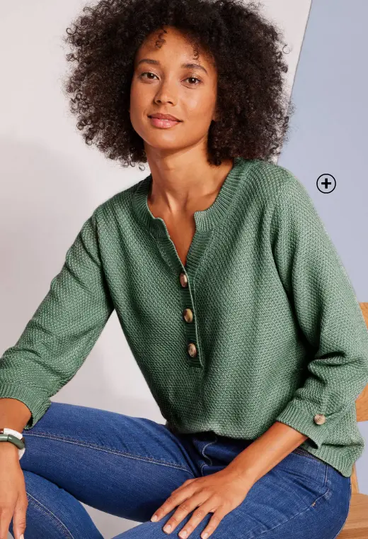 Trui met Tunesische hals en 3/4-mouwen in rood fantasietricot, perfect voor een verfijnde en kleurrijke look om er chic bij te lopen met een trui | Blancheporte