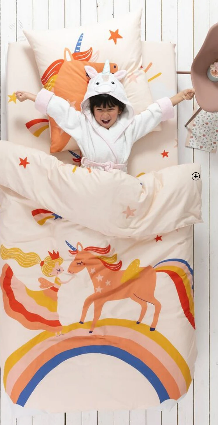 Linge de lit enfant princesse et licorne en coton Linge de lit Colombine des Petits® enfant imprimé princesse et licorne 1 personne en coton Oeko-Tex® rose pas cher | Blancheporte