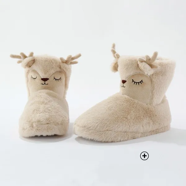 Chaussons fourrés en forme de rennes de Noël beige pas cher | Blancheporte