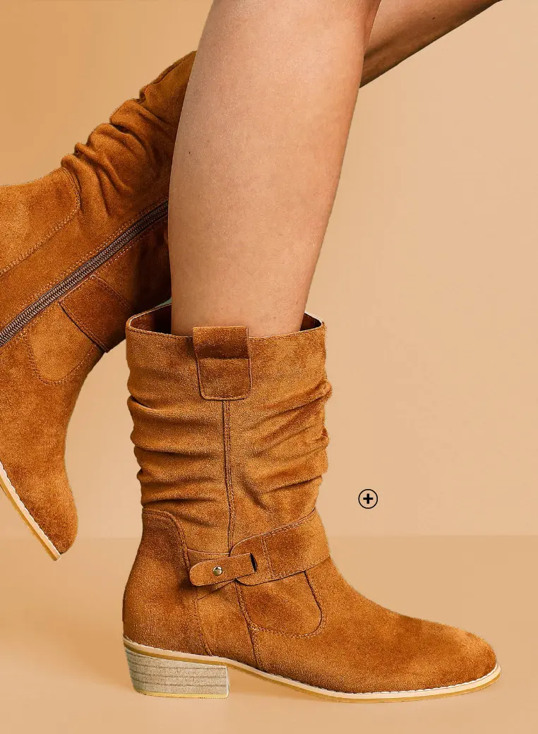 Bottes mi-hautes plissées noires à petit talon effet bois pour mollets larges, marque Blancheporte