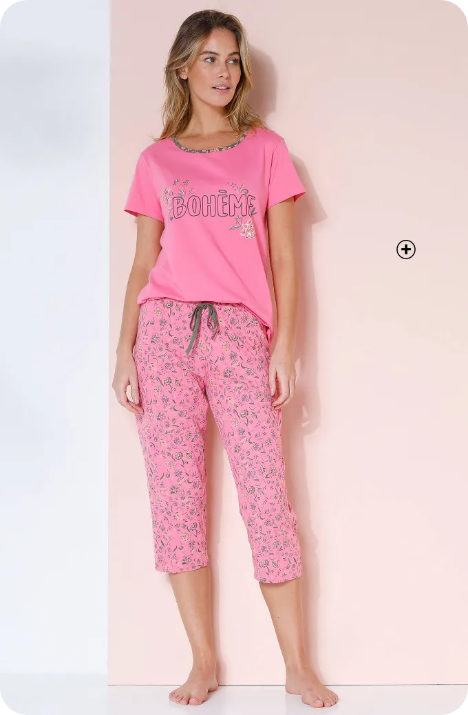 T-shirt manches courtes en coton uni imprimé bohème, parfait pour la nuit ou la détente — comment choisir sa taille de pyjama pour femme ? | Blancheporte