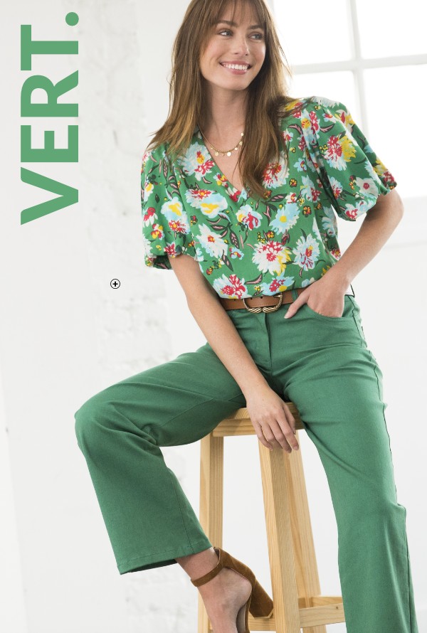 Blouse femme manches courtes ballon à imprimés fleurs vert pas cher | Blancheporte