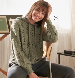 Kakigroene damestrui in ajourtricot met kap, sportieve look en lange mouwen, goedkoop - Blancheporte