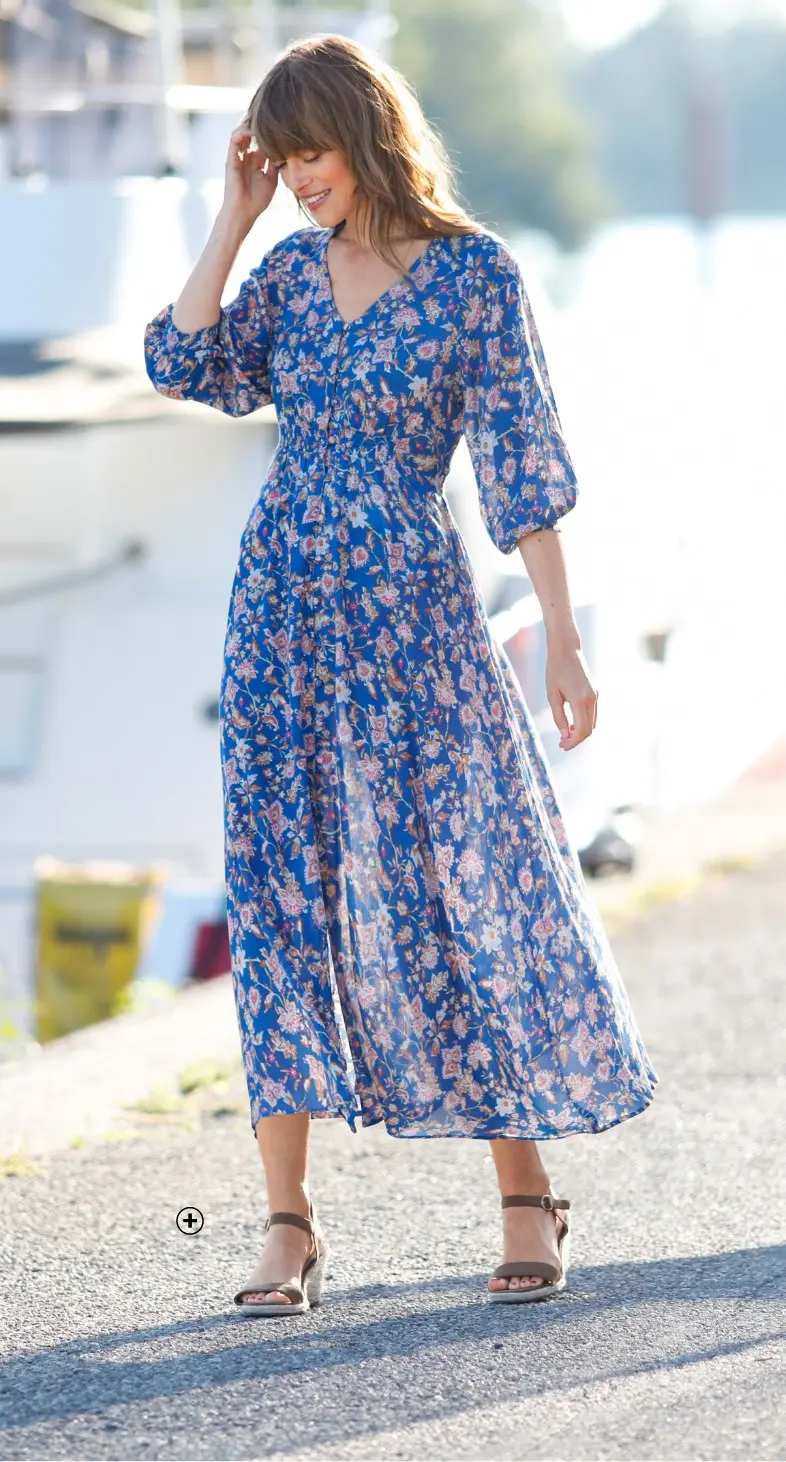 Lange jurk voor dames met knoopsluiting in blauw om te dragen met pumps | Blancheporte
