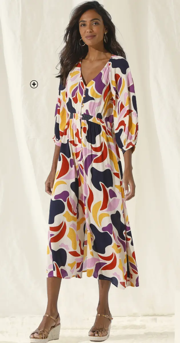 Lange jurk met knopen in bedrukte creponstof, een chique outfit voor een ceremonie | Blancheporte