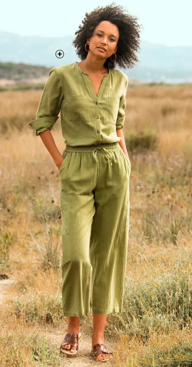 Zomerhemd voor dames van katoen en linnen in groen, goedkoop | Blancheporte
