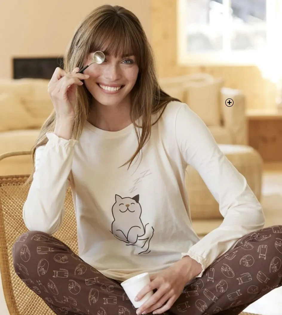 Winterpyjama voor dames met lange mouwen en poesmotief, goedkoop | Blancheporte
