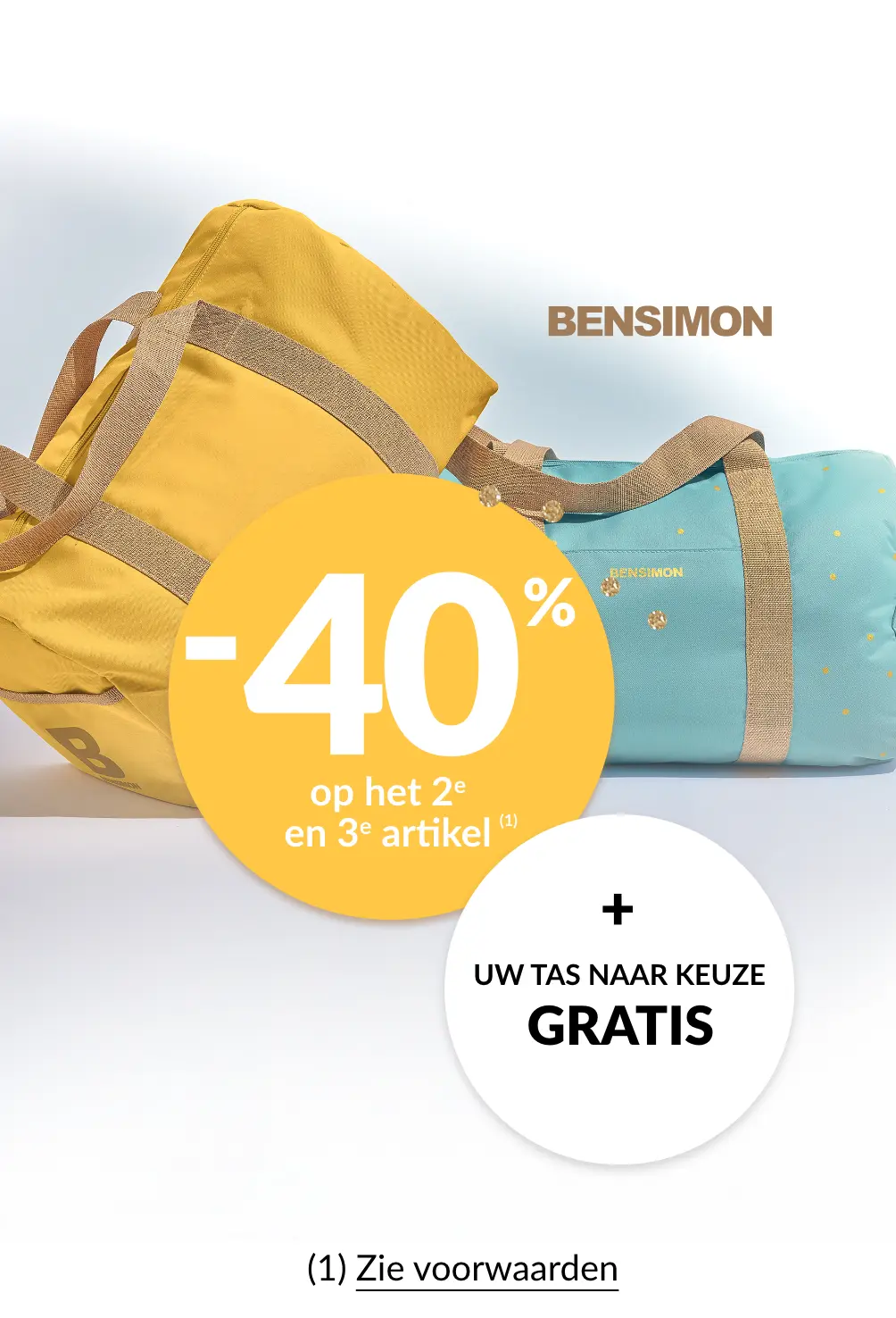 Profiteer van 40% korting op uw 2e en 3e artikel + een gratis Bensimon-tas met de promotiecode 800002