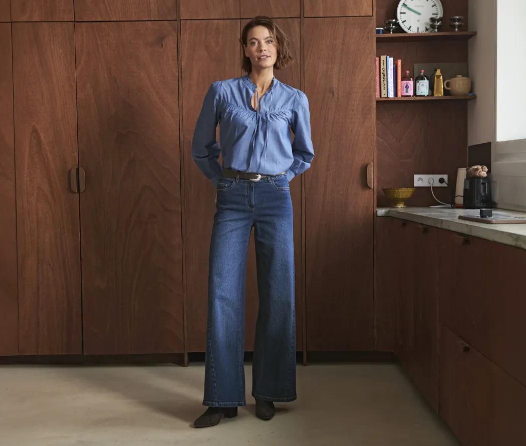 Blouse in chambray met denimlook, lange mouwen, soepele pasvorm, in blauw – Blancheporte-blog