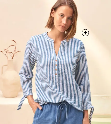 Blouse rayée en seersucker, nouettes aux manches - Blog Blancheporte