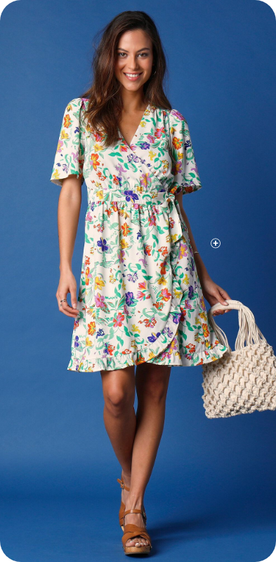Robe imprimée Lora Zellini Robe portefeuille femme Lora Zellini imprimée blanc et vert manches courtes pas cher | Blancheporte